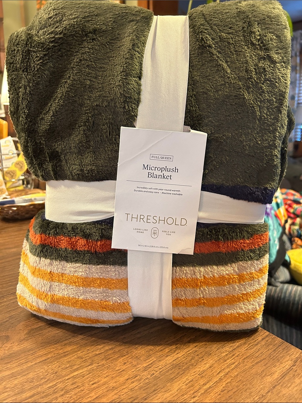 Threshold Olive Green Microplush Blanket with Orange, Cream & Brown Stripes